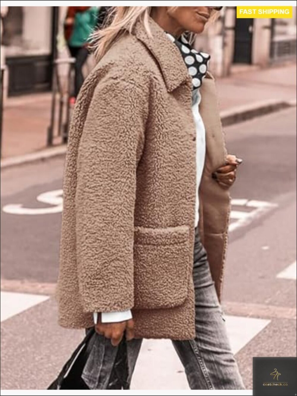 Faux Fur Coat Long Sleeve Lapel Button Down Pockets Sherpa Jacket Winter Trendy - Picture 4 of 7